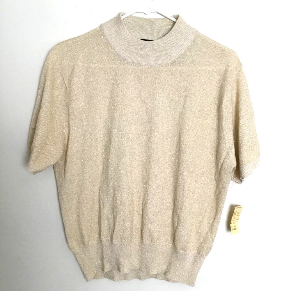 VTG HARVE BENARD Shimmery Gold Mock Neck short sleeve Blouse Sz XL Deadstock